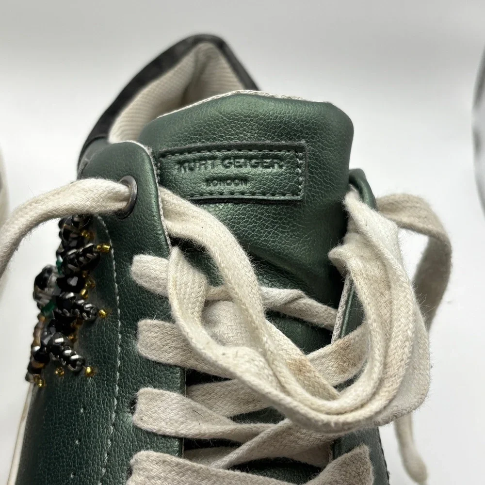 Kurt Geiger Green Leather Embellished Eye Sneakers with Black Heel